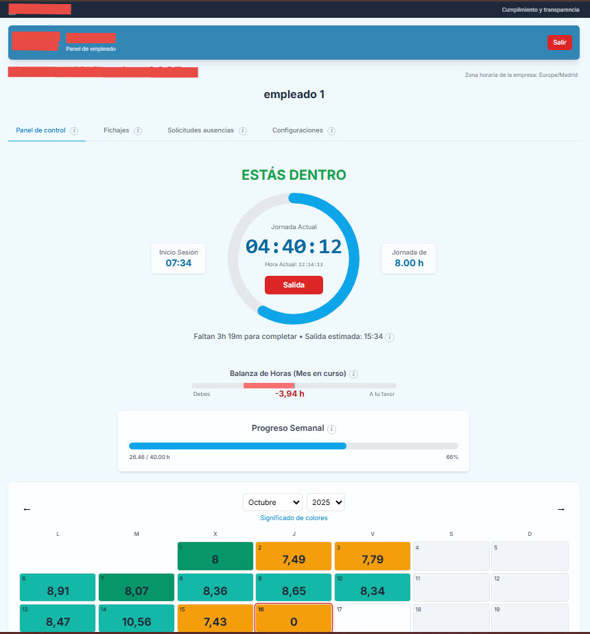 Interfaz intuitiva de la app de fichaje en el móvil, fácil de usar para cualquier empleado.