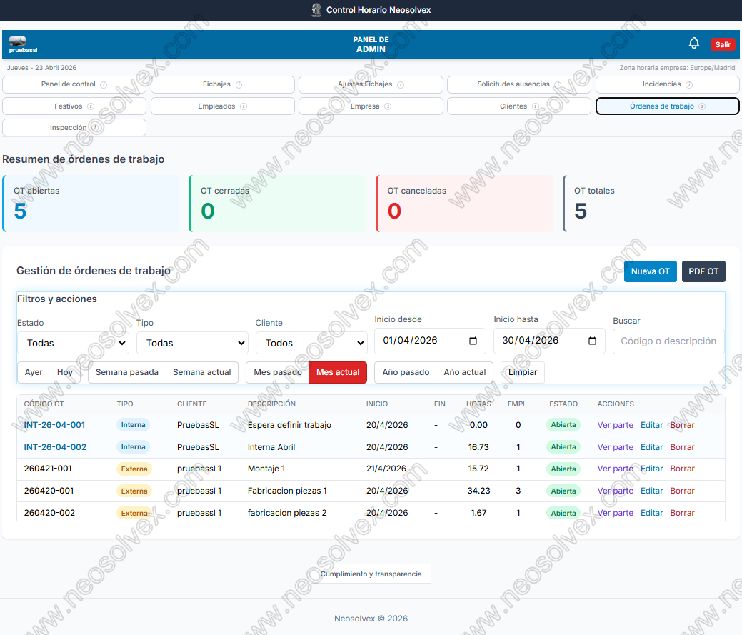 Control de órdenes de trabajo y horas por cliente en Neosolvex